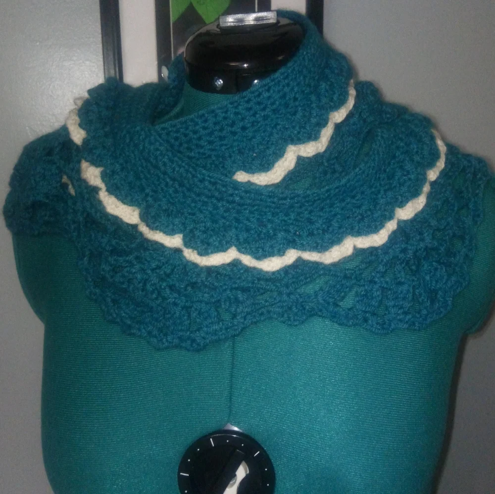 Crochet Multi-Wear Scarf/Wrap/Vest/Accessory in Teal & White NEW